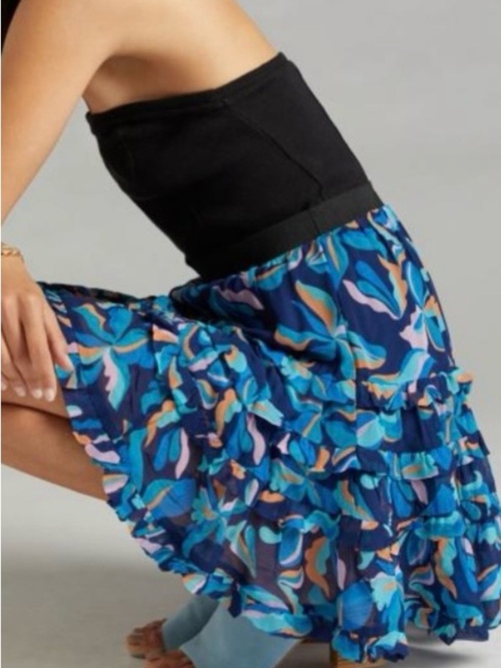Maeve by Anthropologie Blue Floral Tiered Pull-On Mini Skirt